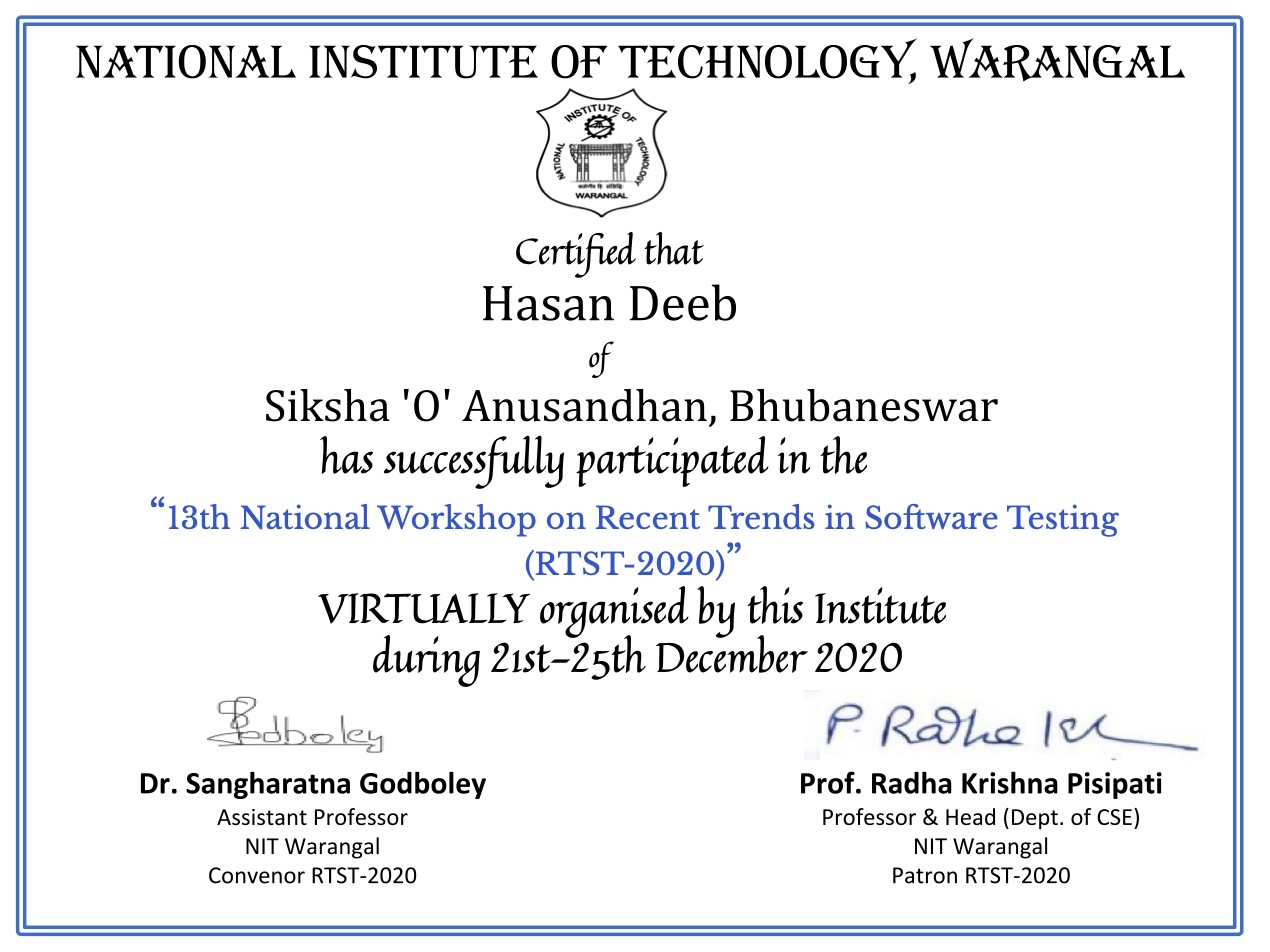 13th National Workshop on Recent Trends in Software Testing
(RTST-2020)